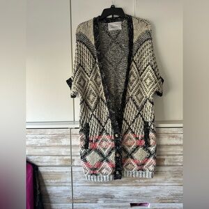 CAbi Black, Cream, and Pink Geometric Cardigan
